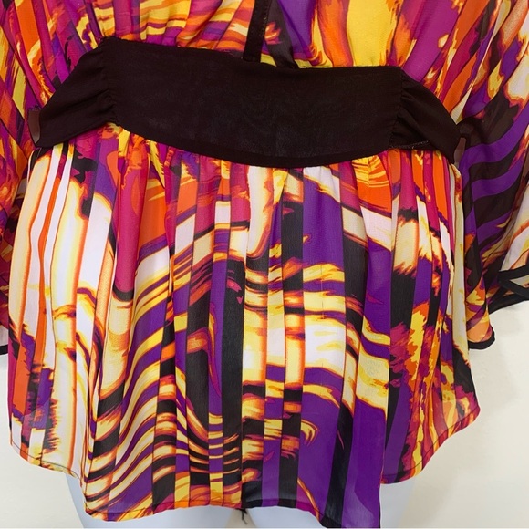 Vtg 90s Top Blouse Woman Large Colorful Empire Waist Tie Semi Sheer Boho Mod 70 - Picture 4 of 9